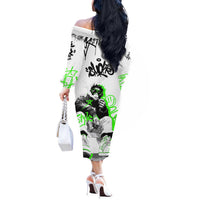 Street Style Graffiti Off The Shoulder Long Sleeve Dress with Smoking Monkey and Neon Green - Wonder Print Shop