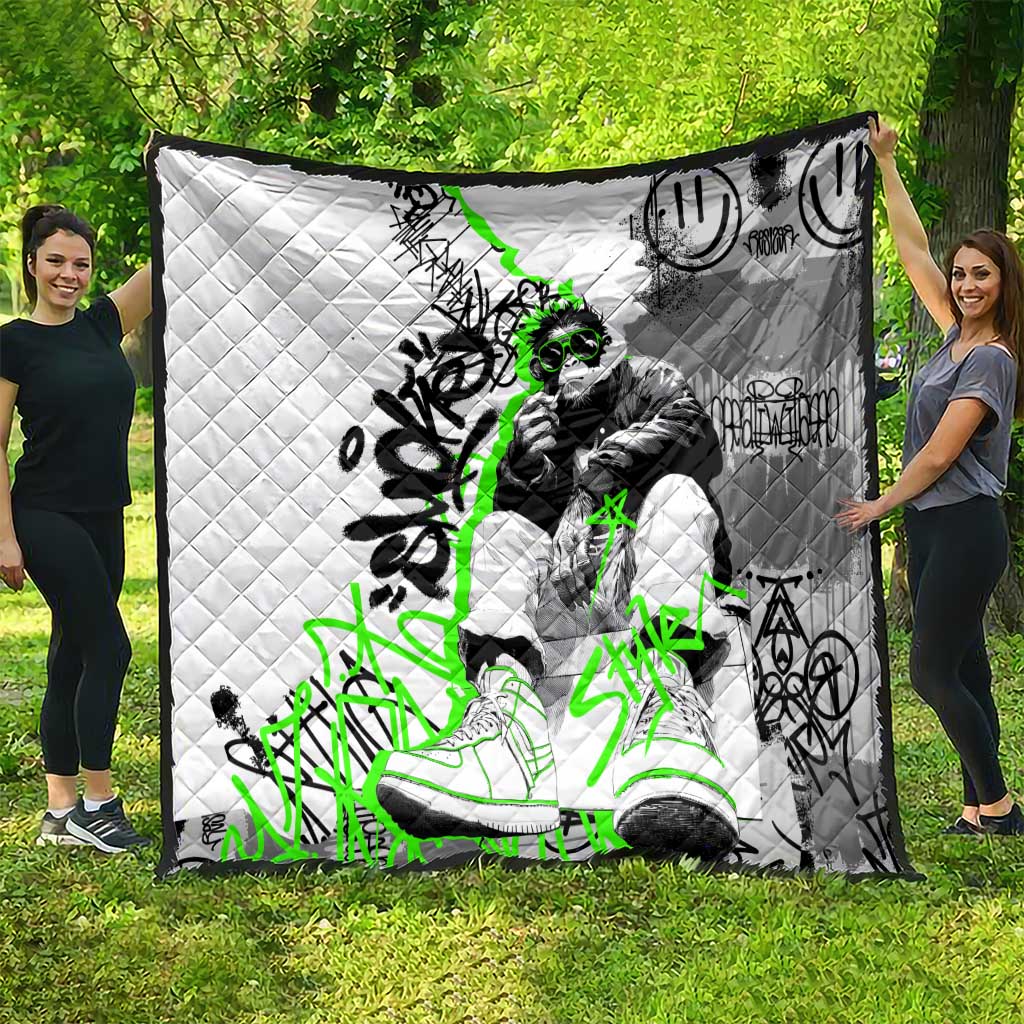 Street Style Graffiti Quilt with Smoking Monkey and Neon Green - Wonder Print Shop