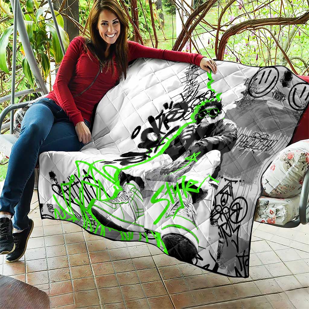 Street Style Graffiti Quilt with Smoking Monkey and Neon Green - Wonder Print Shop