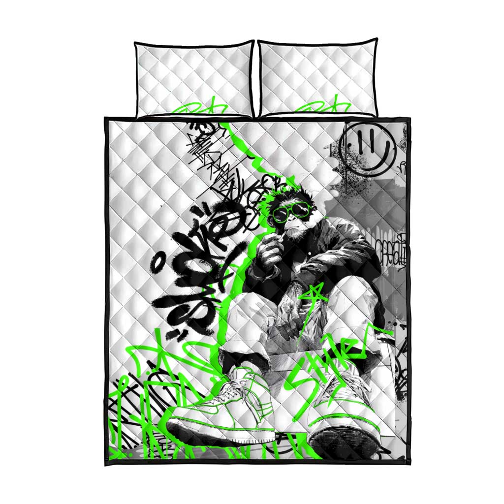 Street Style Graffiti Quilt Bed Set with Smoking Monkey and Neon Green - Wonder Print Shop
