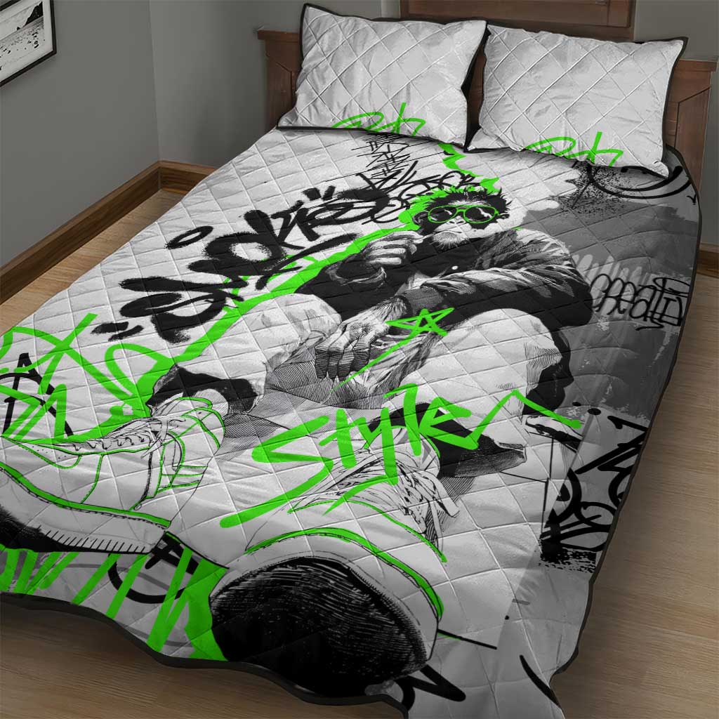 Street Style Graffiti Quilt Bed Set with Smoking Monkey and Neon Green - Wonder Print Shop