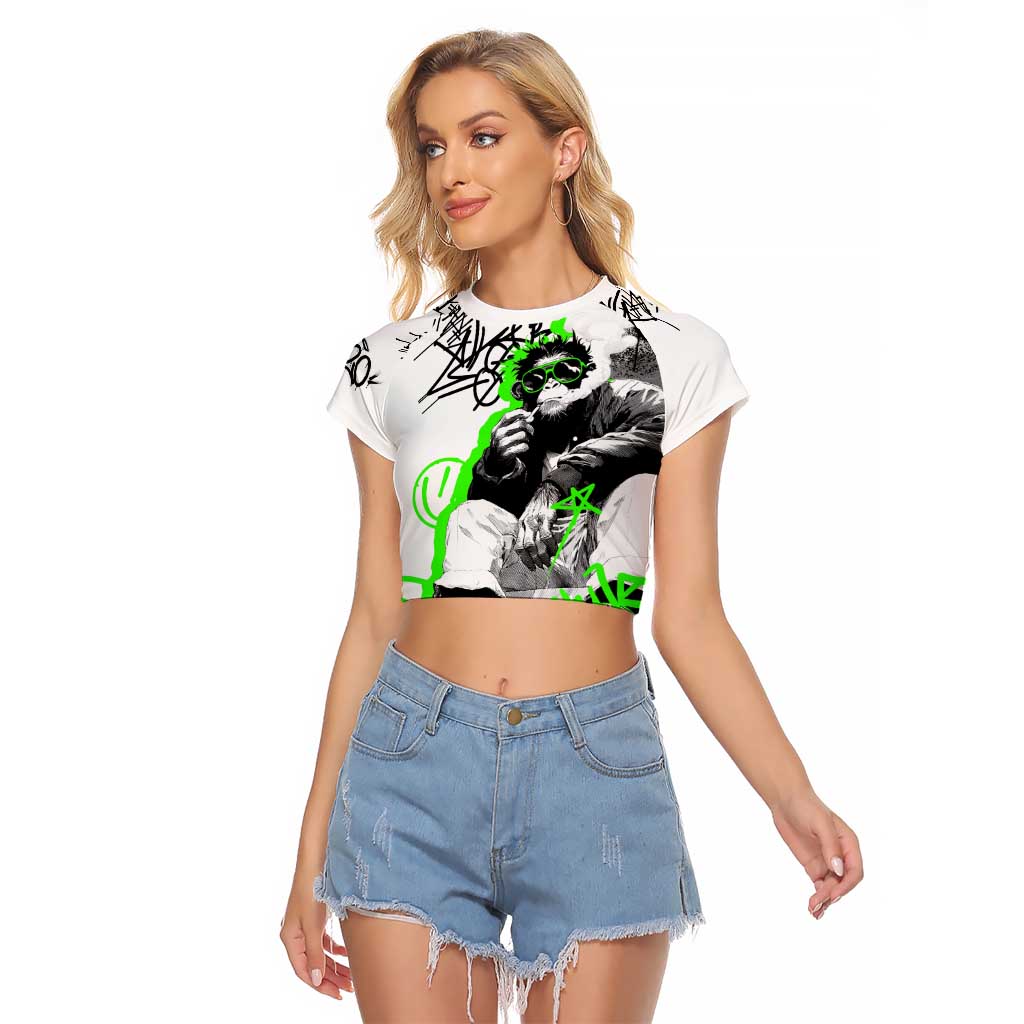 Street Style Graffiti Raglan Cropped T Shirt with Smoking Monkey and Neon Green - Wonder Print Shop