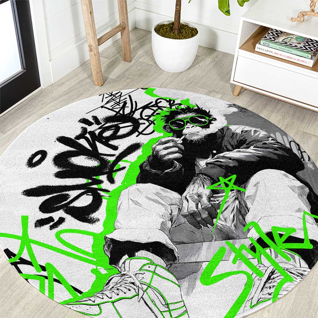 Street Style Graffiti Round Carpet with Smoking Monkey and Neon Green - Wonder Print Shop