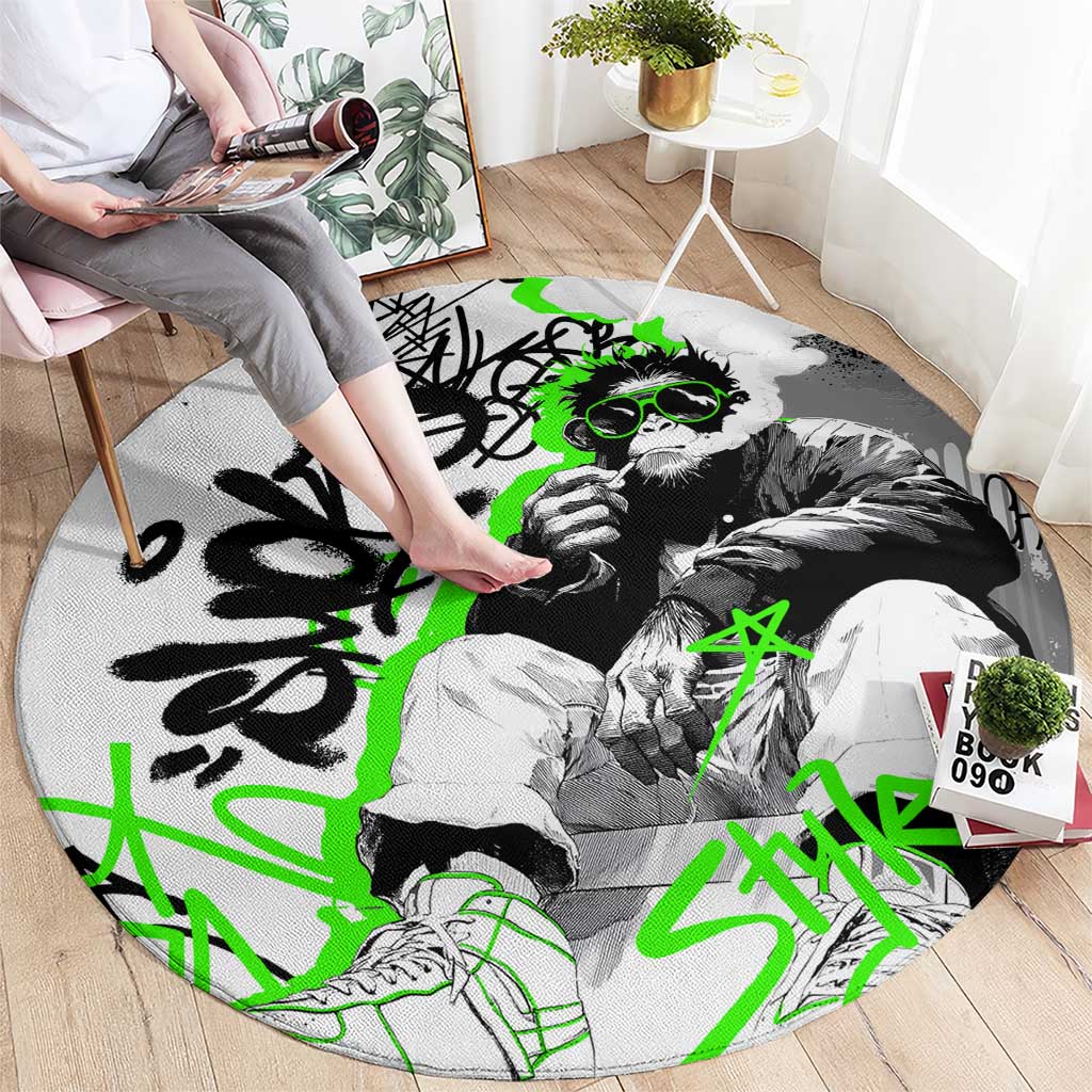 Street Style Graffiti Round Carpet with Smoking Monkey and Neon Green - Wonder Print Shop