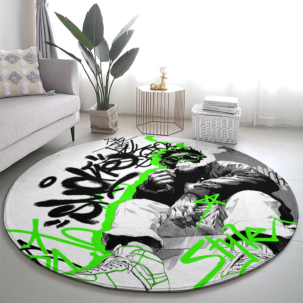 Street Style Graffiti Round Carpet with Smoking Monkey and Neon Green - Wonder Print Shop