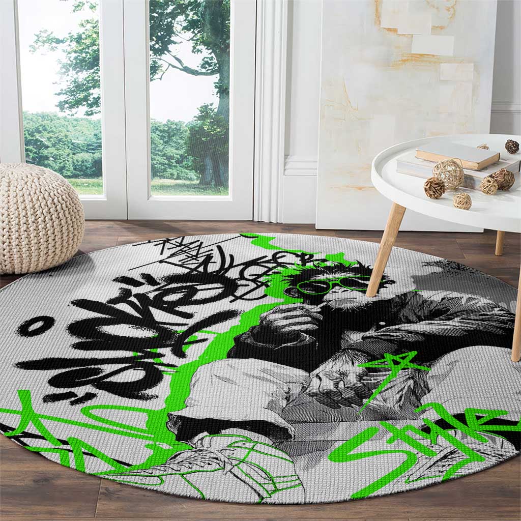 Street Style Graffiti Round Carpet with Smoking Monkey and Neon Green - Wonder Print Shop