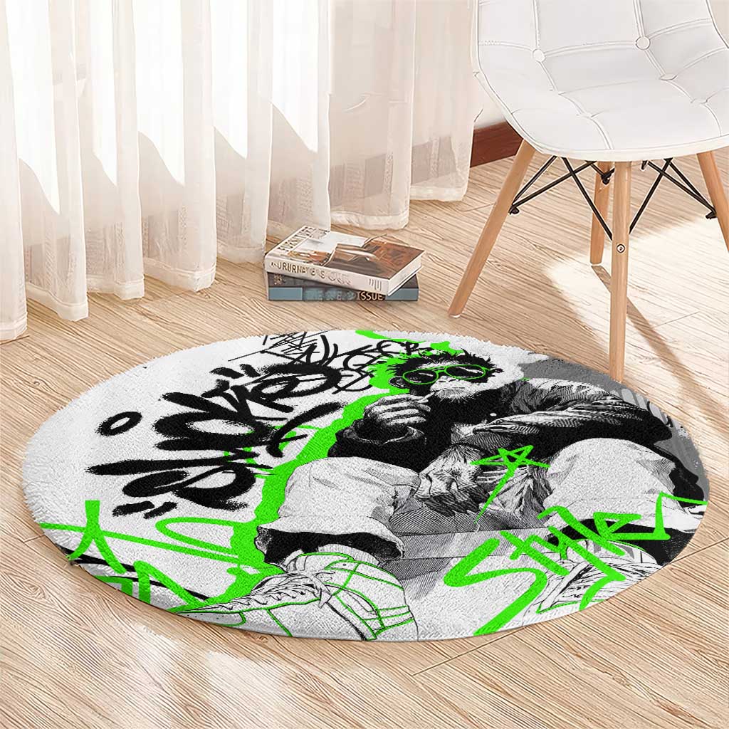 Street Style Graffiti Round Carpet with Smoking Monkey and Neon Green - Wonder Print Shop