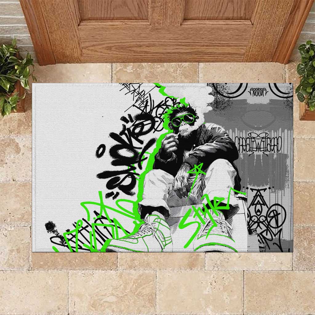 Street Style Graffiti Rubber Doormat with Smoking Monkey and Neon Green - Wonder Print Shop
