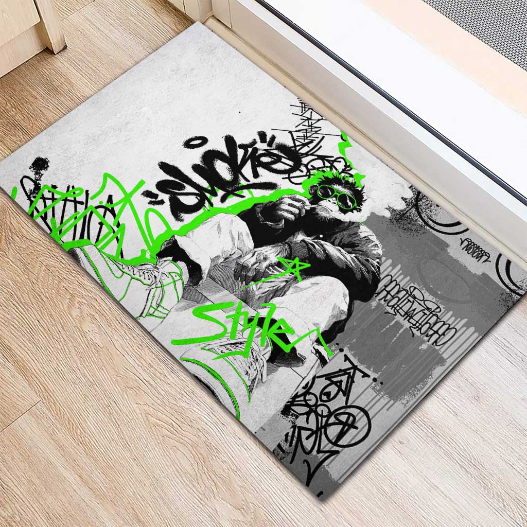 Street Style Graffiti Rubber Doormat with Smoking Monkey and Neon Green - Wonder Print Shop