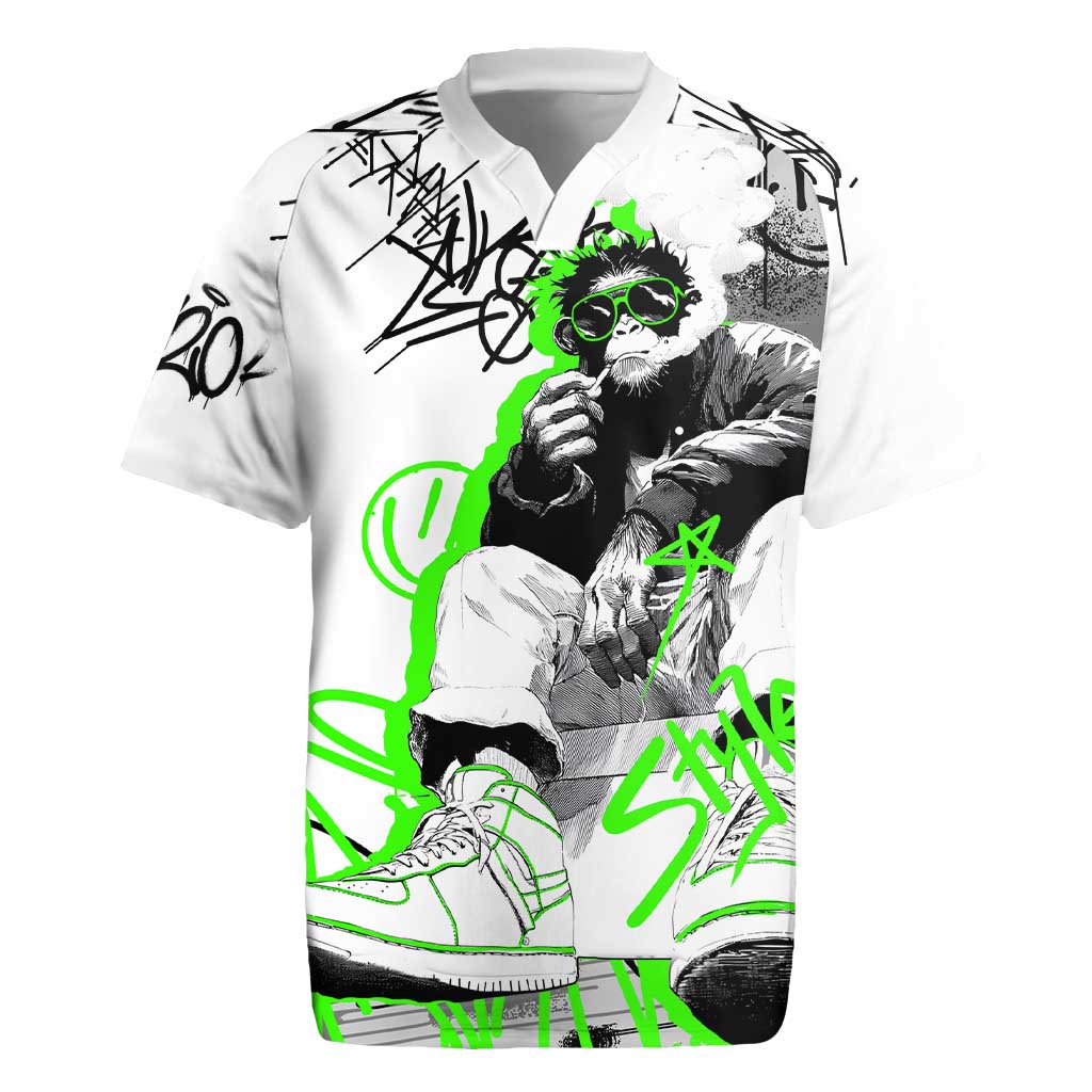 Street Style Graffiti Rugby Jersey with Smoking Monkey and Neon Green - Wonder Print Shop
