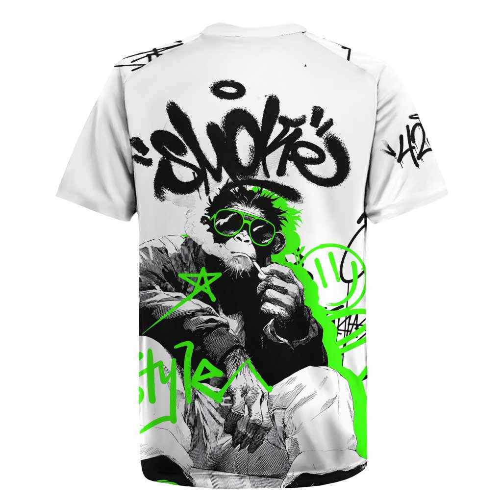Street Style Graffiti Rugby Jersey with Smoking Monkey and Neon Green - Wonder Print Shop