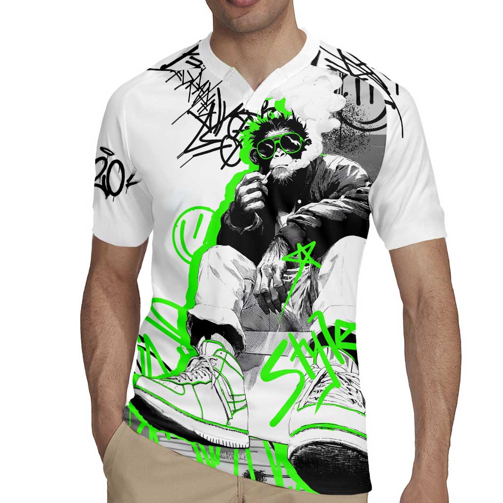 Street Style Graffiti Rugby Jersey with Smoking Monkey and Neon Green - Wonder Print Shop