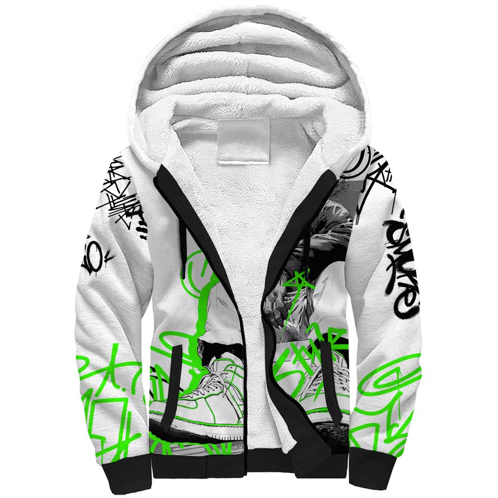 Street Style Graffiti Sherpa Hoodie with Smoking Monkey and Neon Green - Wonder Print Shop