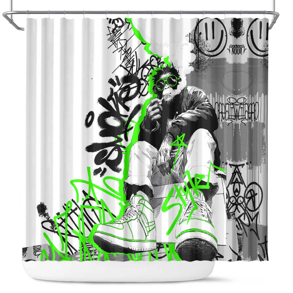 Street Style Graffiti Shower Curtain with Smoking Monkey and Neon Green - Wonder Print Shop