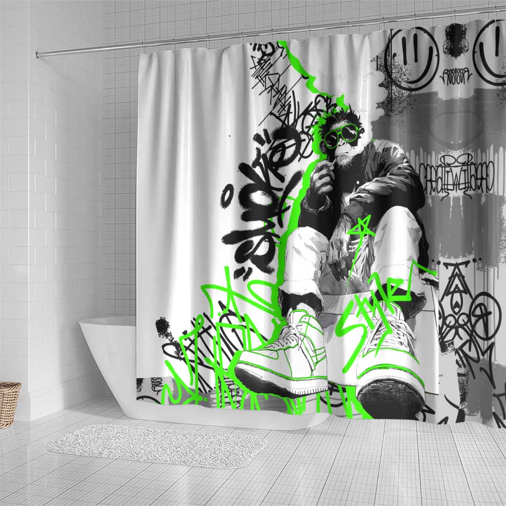 Street Style Graffiti Shower Curtain with Smoking Monkey and Neon Green - Wonder Print Shop