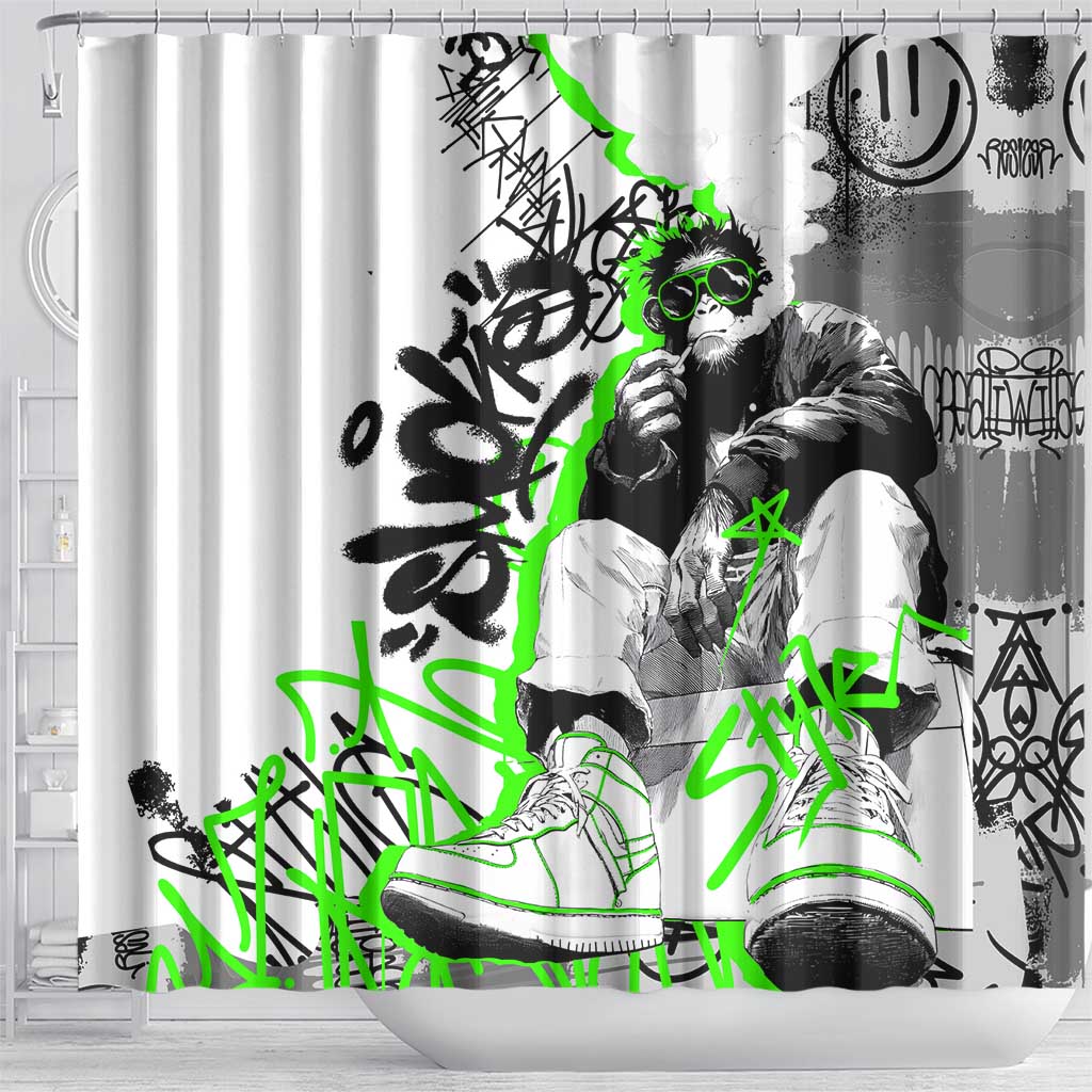 Street Style Graffiti Shower Curtain with Smoking Monkey and Neon Green - Wonder Print Shop