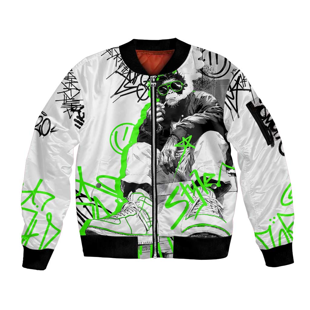 Street Style Graffiti Sleeve Zip Bomber Jacket with Smoking Monkey and Neon Green - Wonder Print Shop