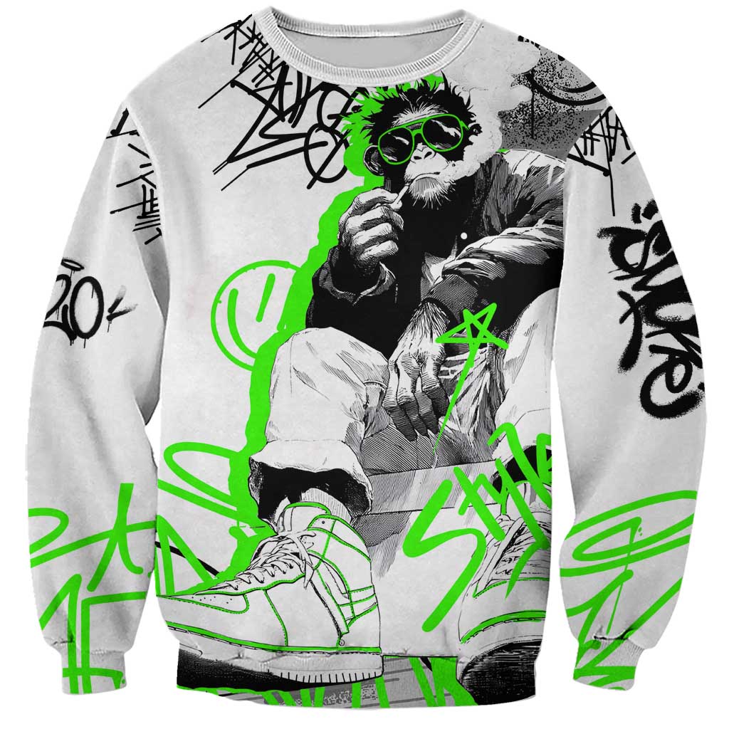 Street Style Graffiti Sweatshirt with Smoking Monkey and Neon Green - Wonder Print Shop