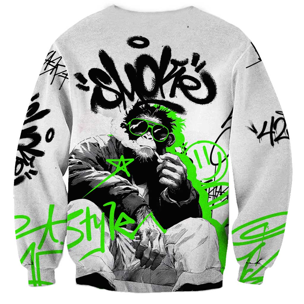 Street Style Graffiti Sweatshirt with Smoking Monkey and Neon Green - Wonder Print Shop