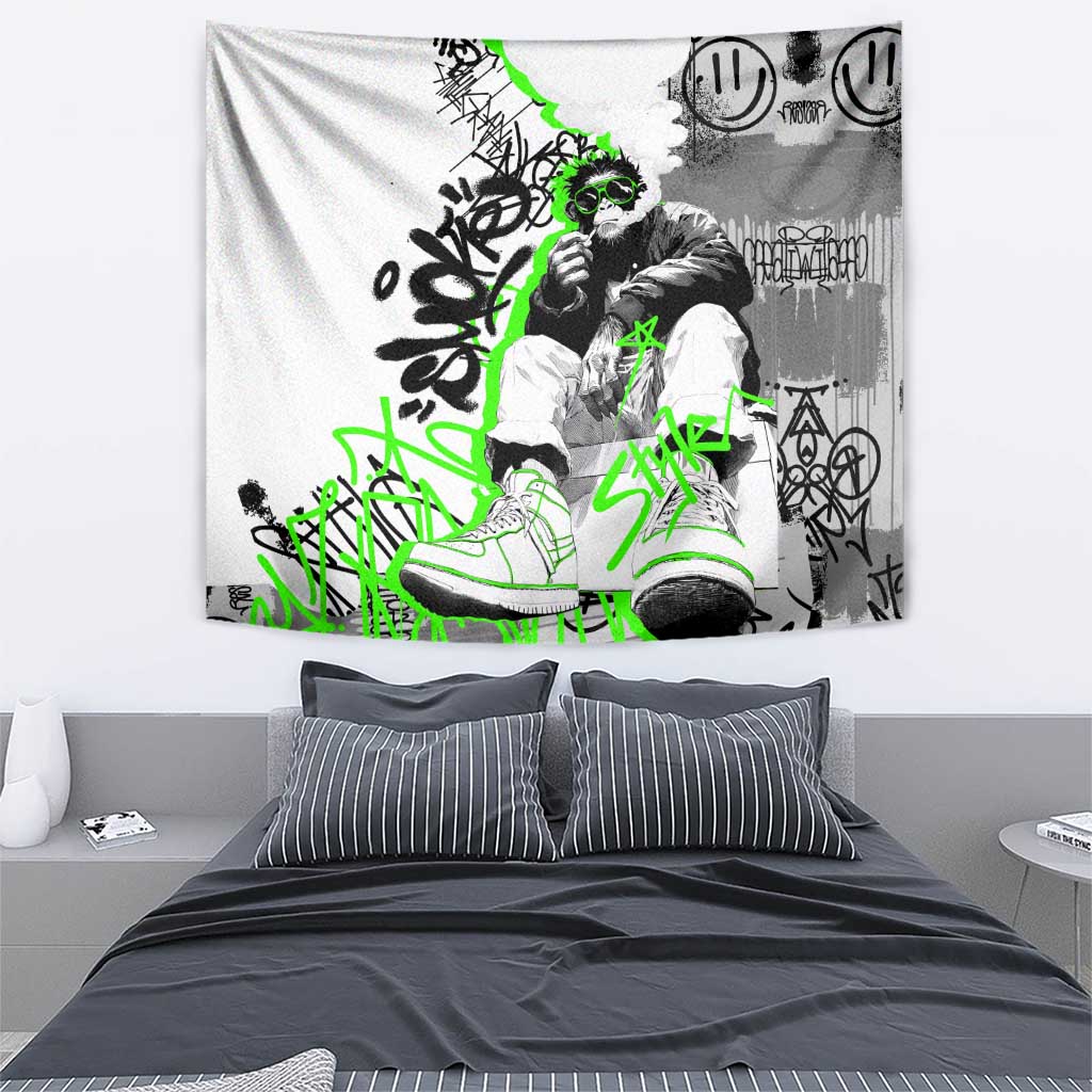 Street Style Graffiti Tapestry with Smoking Monkey and Neon Green - Wonder Print Shop