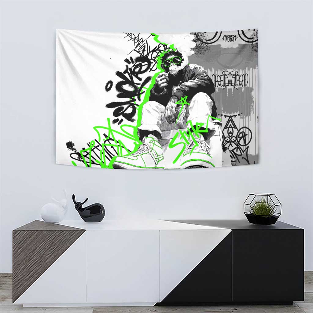 Street Style Graffiti Tapestry with Smoking Monkey and Neon Green - Wonder Print Shop