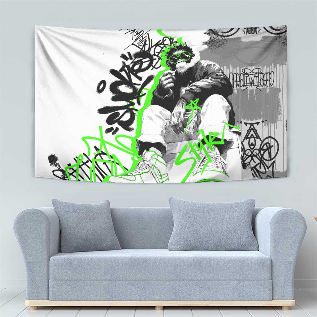 Street Style Graffiti Tapestry with Smoking Monkey and Neon Green - Wonder Print Shop