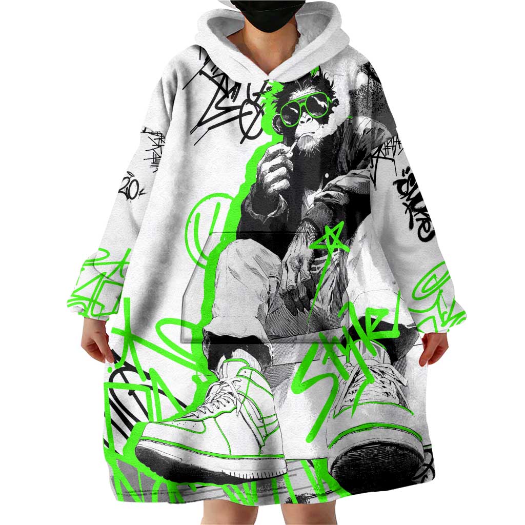 Street Style Graffiti Wearable Blanket Hoodie with Smoking Monkey and Neon Green - Wonder Print Shop