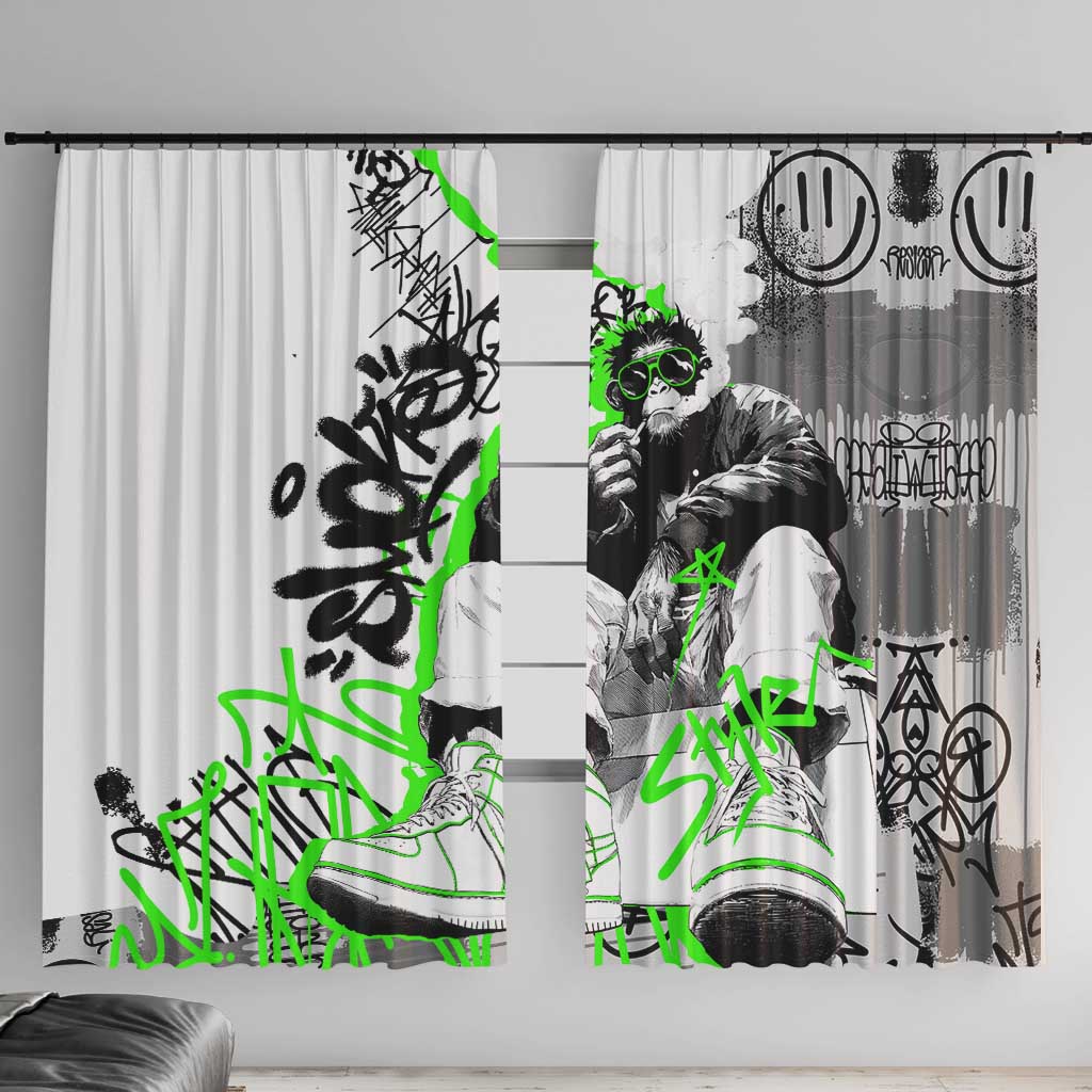 Street Style Graffiti Window Curtain with Smoking Monkey and Neon Green - Wonder Print Shop