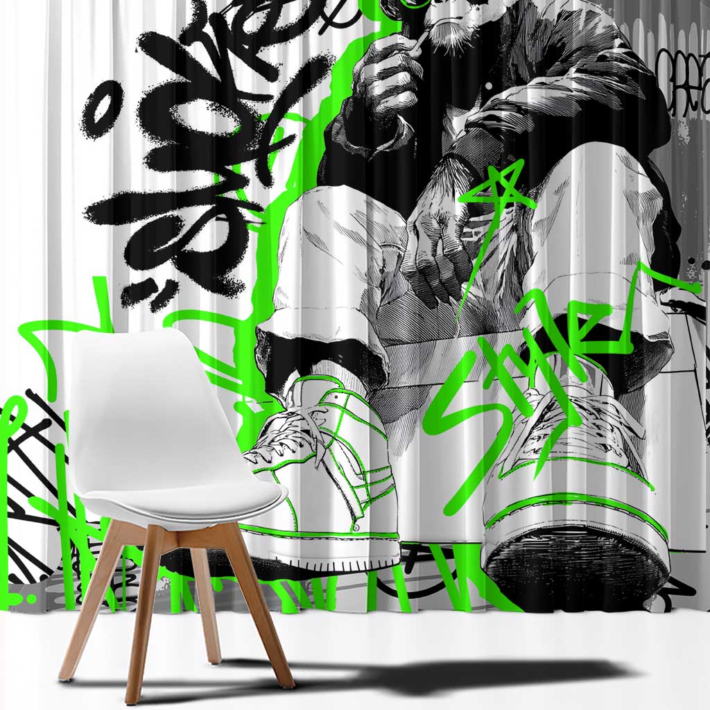 Street Style Graffiti Window Curtain with Smoking Monkey and Neon Green - Wonder Print Shop