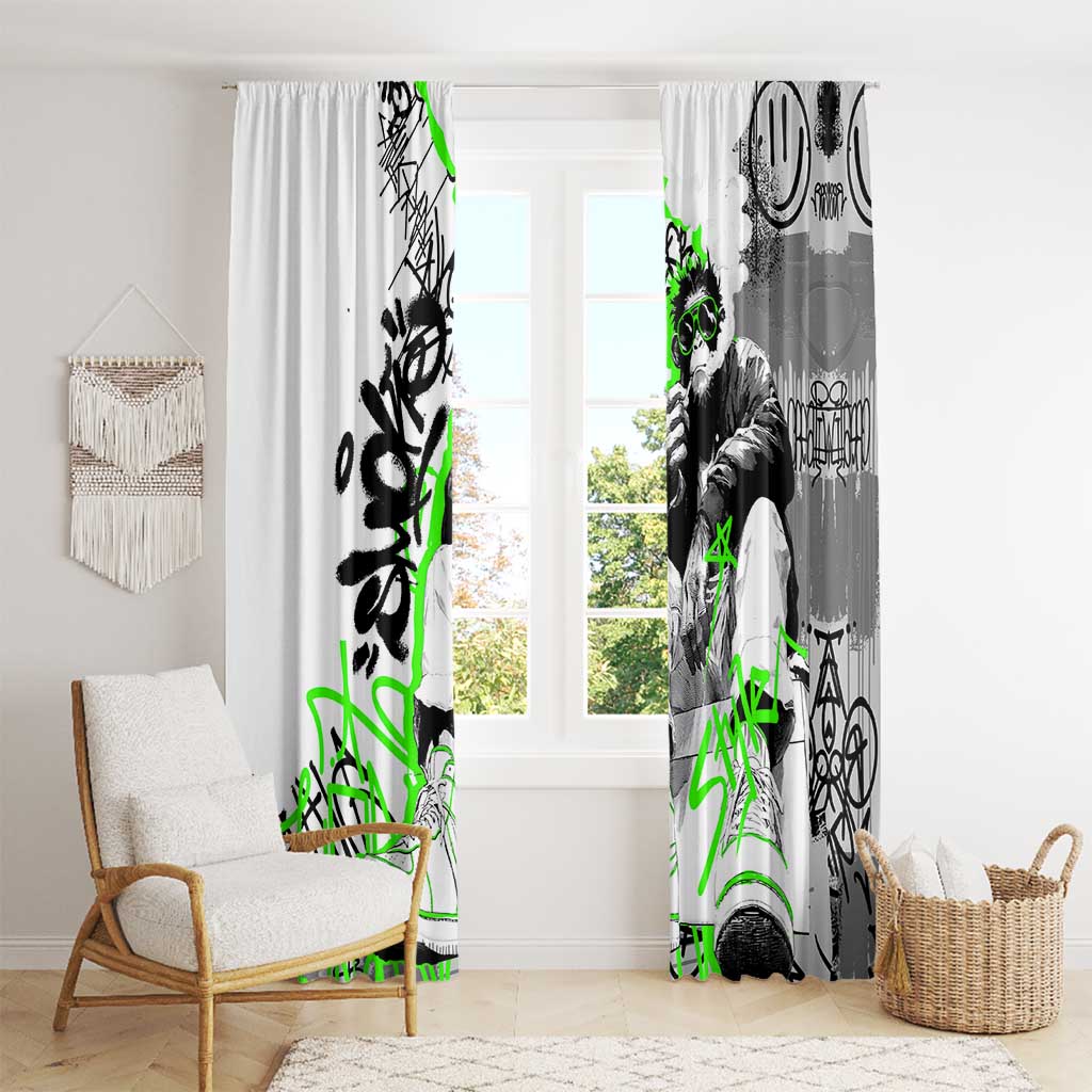 Street Style Graffiti Window Curtain with Smoking Monkey and Neon Green - Wonder Print Shop