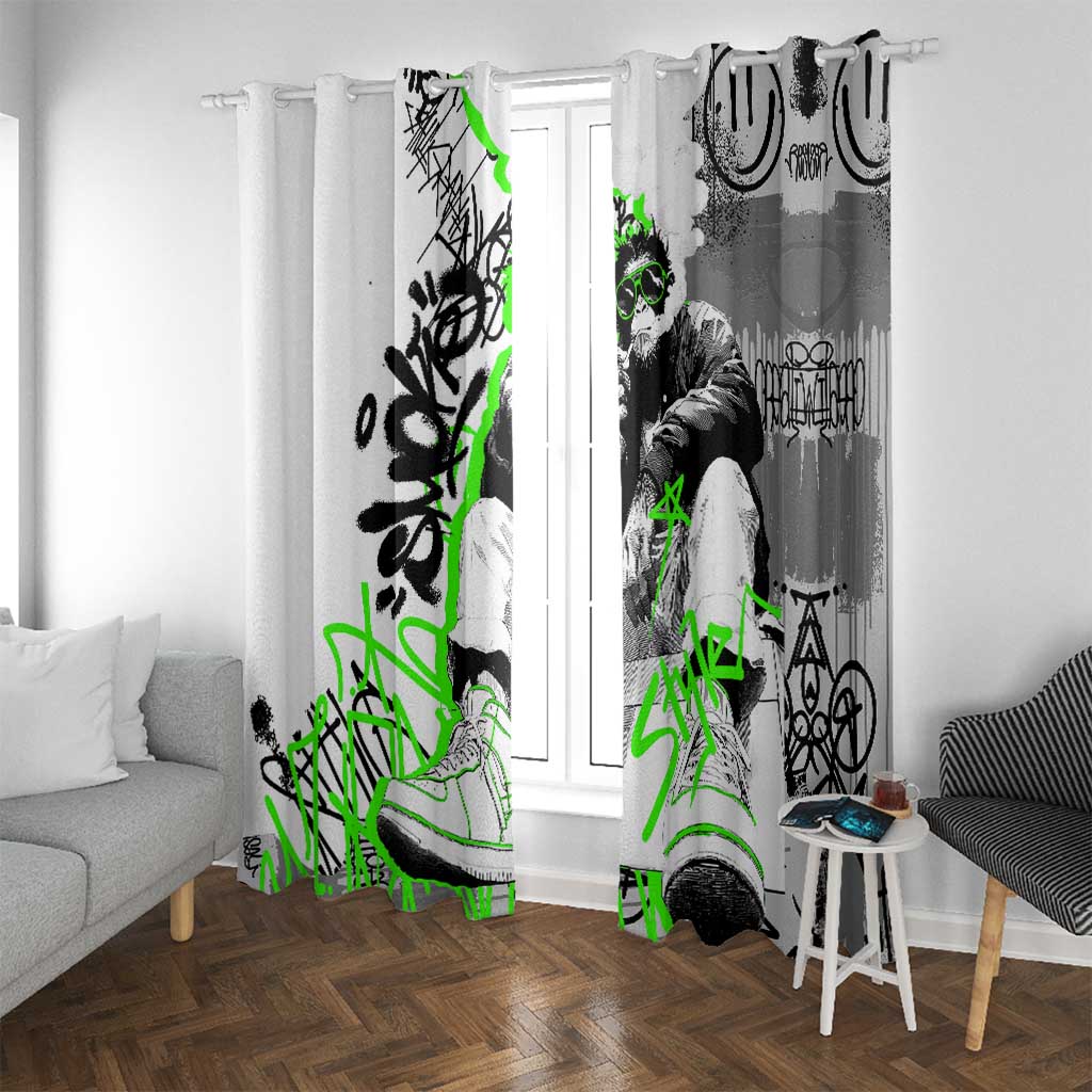 Street Style Graffiti Window Curtain with Smoking Monkey and Neon Green - Wonder Print Shop