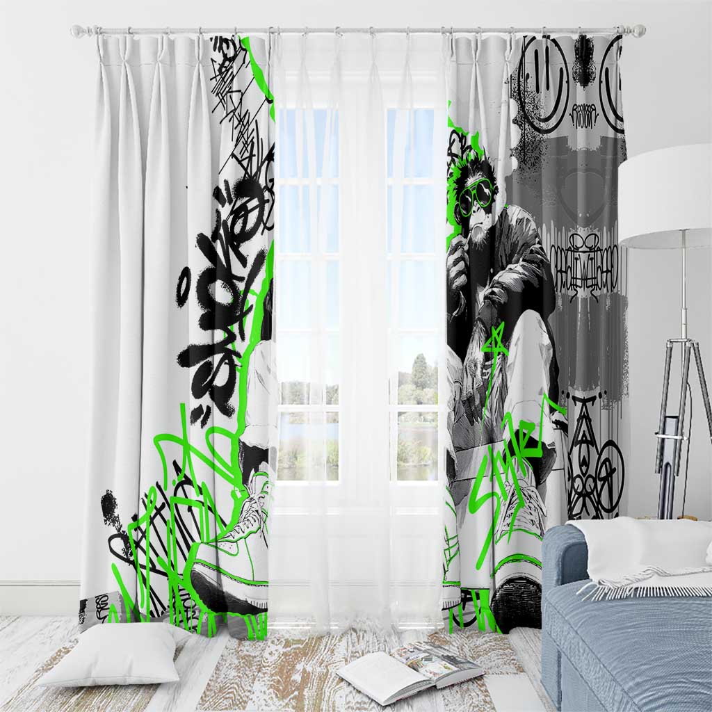 Street Style Graffiti Window Curtain with Smoking Monkey and Neon Green - Wonder Print Shop