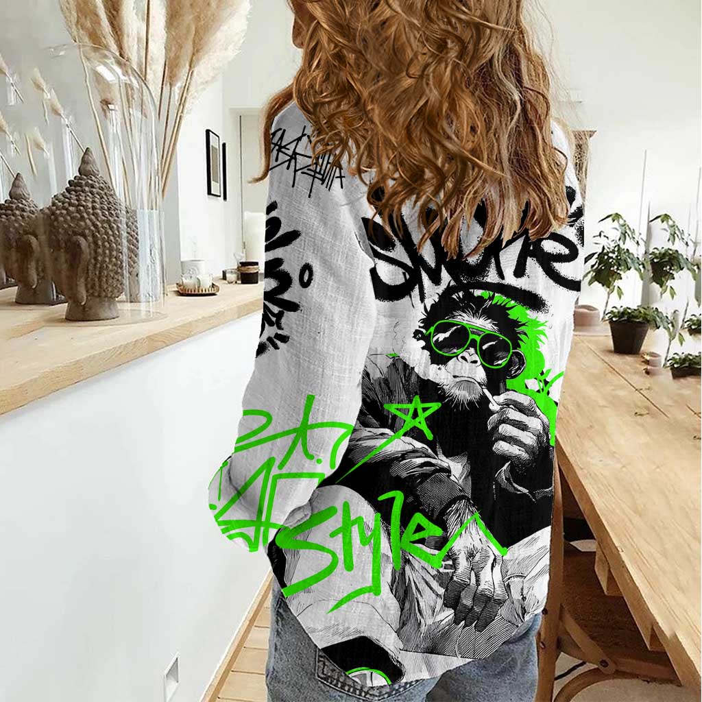Street Style Graffiti Women Casual Shirt with Smoking Monkey and Neon Green - Wonder Print Shop
