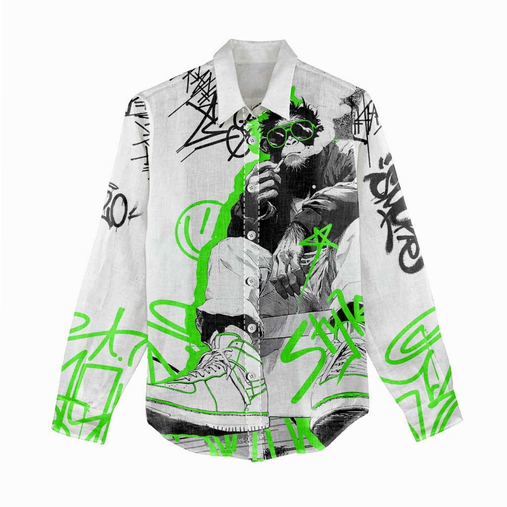 Street Style Graffiti Women Casual Shirt with Smoking Monkey and Neon Green - Wonder Print Shop