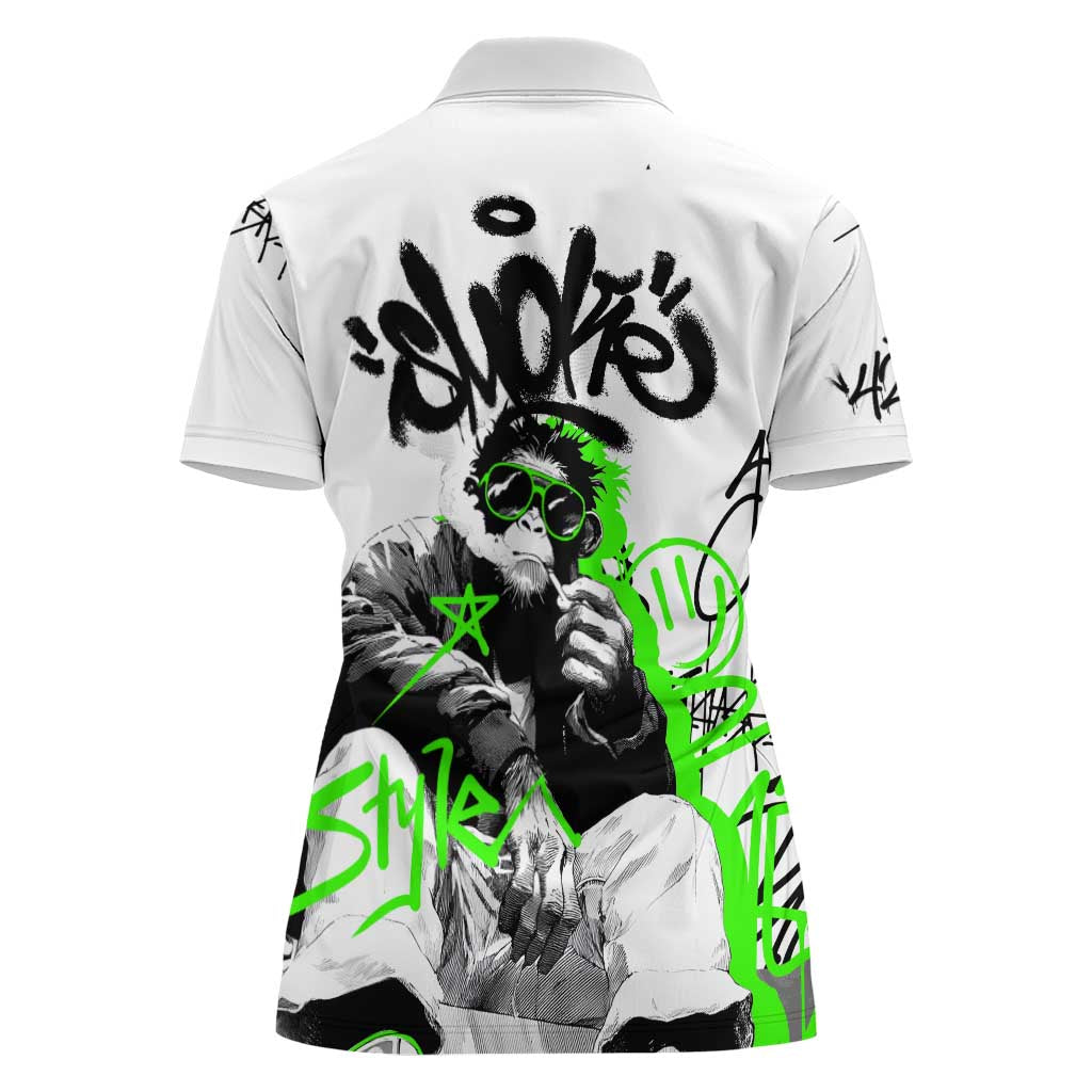 Street Style Graffiti Women Polo Shirt with Smoking Monkey and Neon Green - Wonder Print Shop