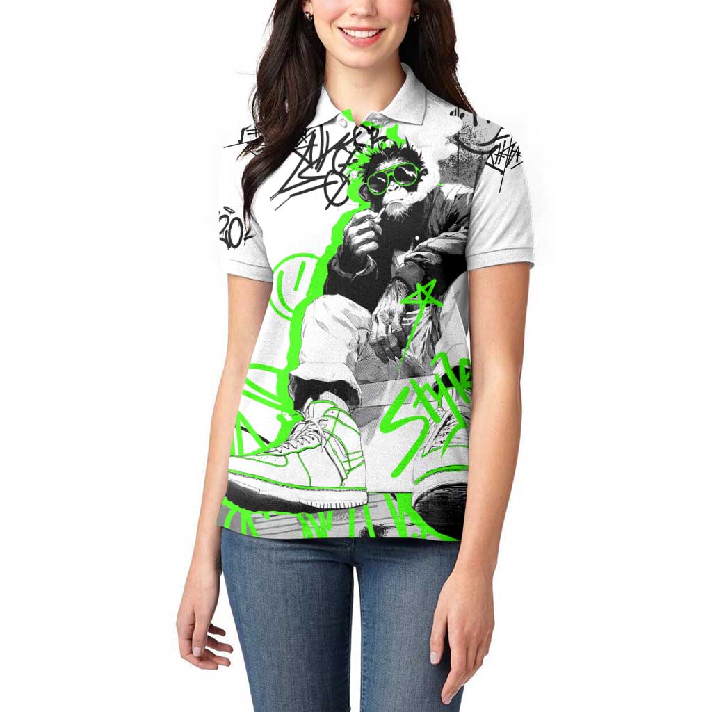 Street Style Graffiti Women Polo Shirt with Smoking Monkey and Neon Green - Wonder Print Shop