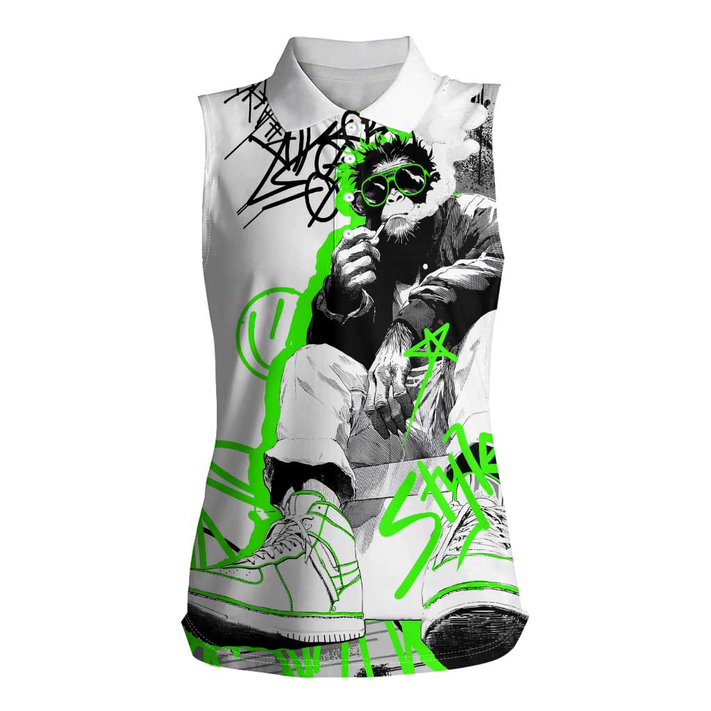 Street Style Graffiti Women Sleeveless Polo Shirt with Smoking Monkey and Neon Green - Wonder Print Shop