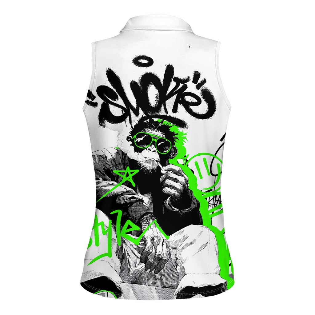 Street Style Graffiti Women Sleeveless Polo Shirt with Smoking Monkey and Neon Green - Wonder Print Shop