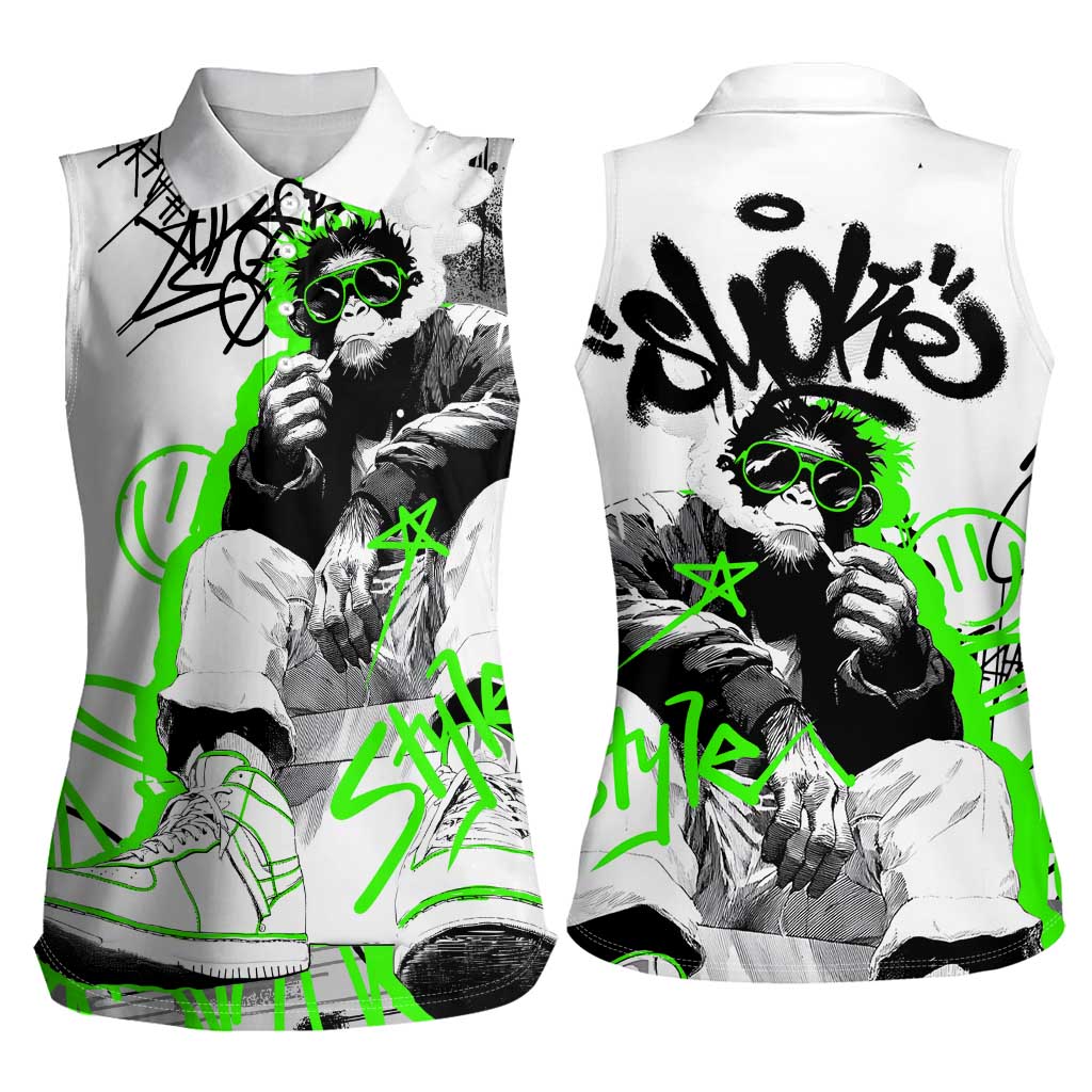 Street Style Graffiti Women Sleeveless Polo Shirt with Smoking Monkey and Neon Green - Wonder Print Shop