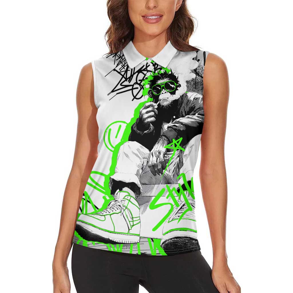 Street Style Graffiti Women Sleeveless Polo Shirt with Smoking Monkey and Neon Green - Wonder Print Shop