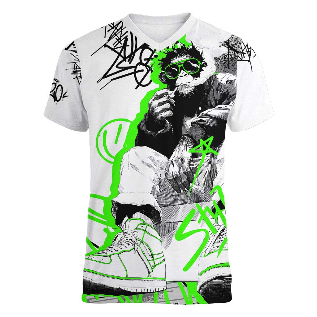 Street Style Graffiti Women V-Neck T-Shirt with Smoking Monkey and Neon Green - Wonder Print Shop