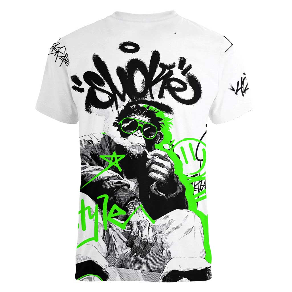 Street Style Graffiti Women V-Neck T-Shirt with Smoking Monkey and Neon Green - Wonder Print Shop