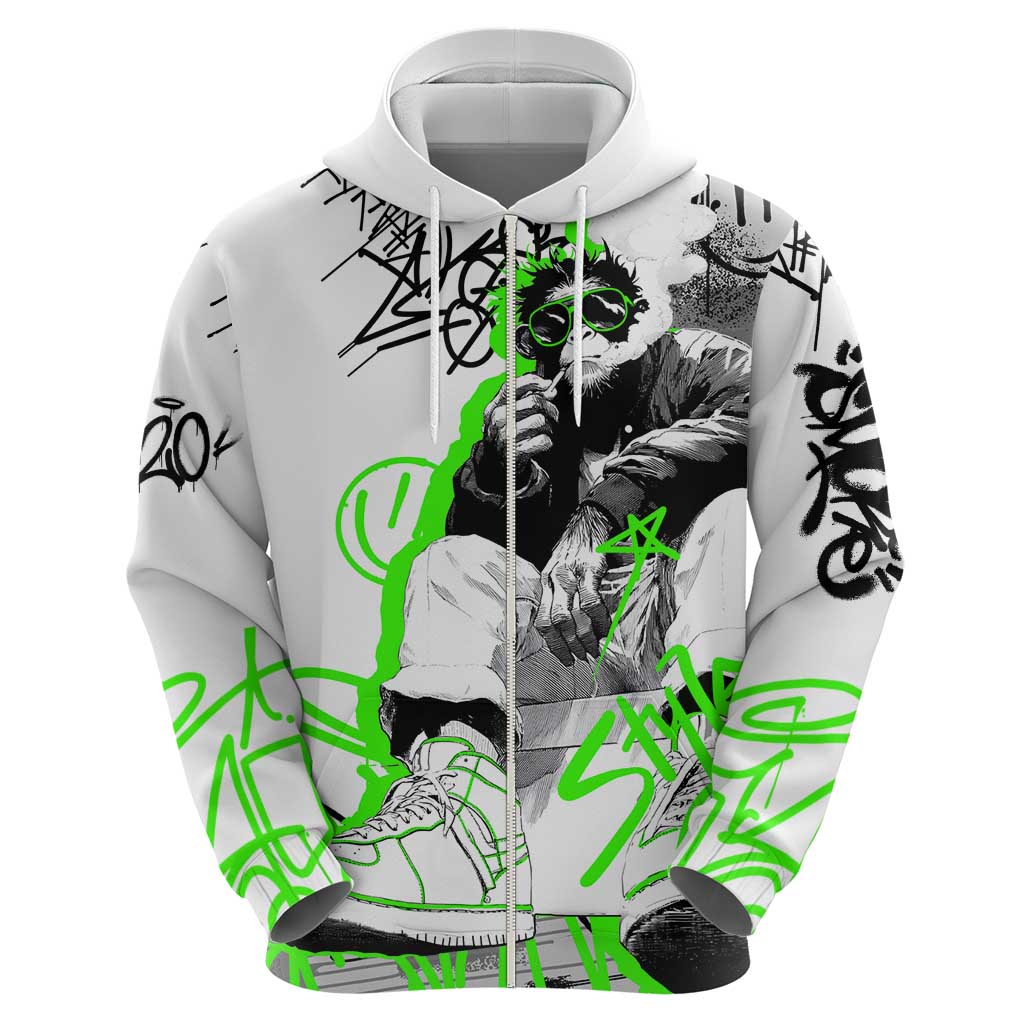 Street Style Graffiti Zip Hoodie with Smoking Monkey and Neon Green - Wonder Print Shop