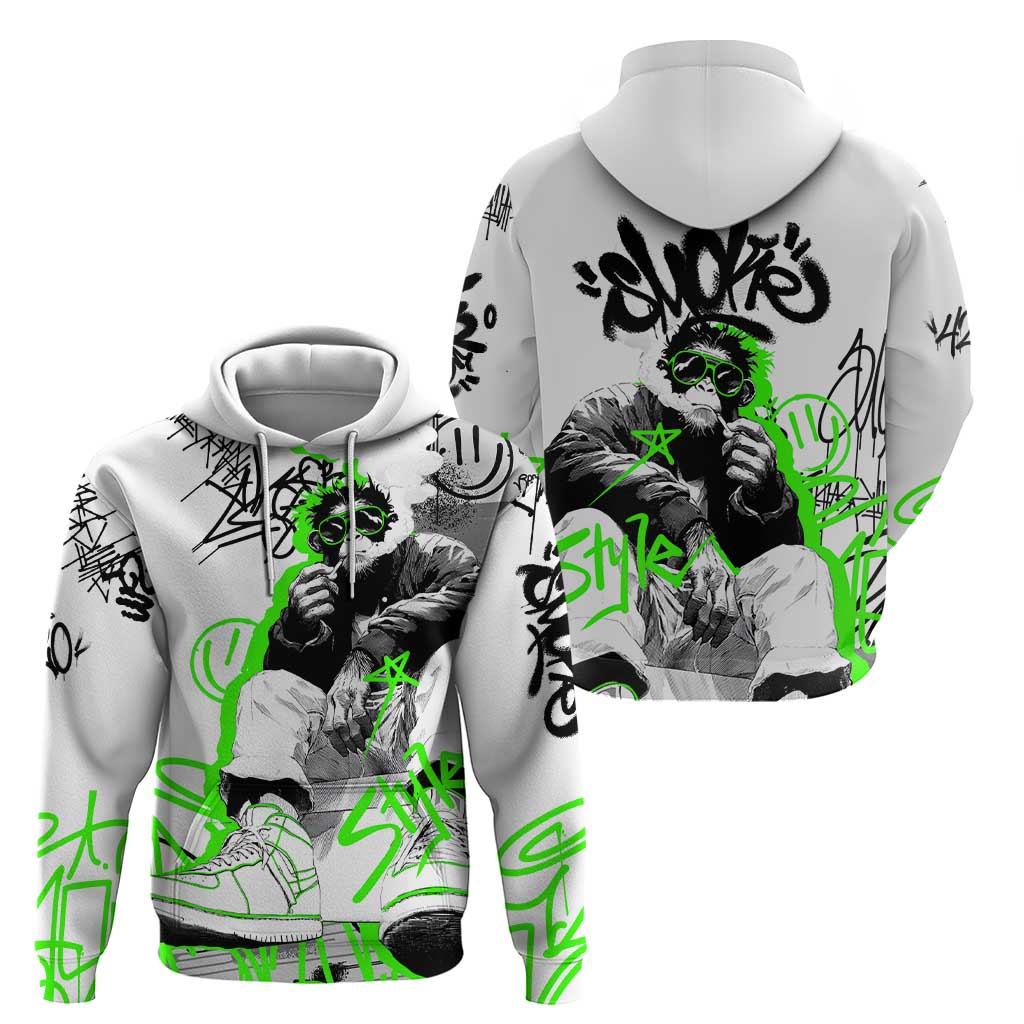Street Style Graffiti Zip Hoodie with Smoking Monkey and Neon Green - Wonder Print Shop