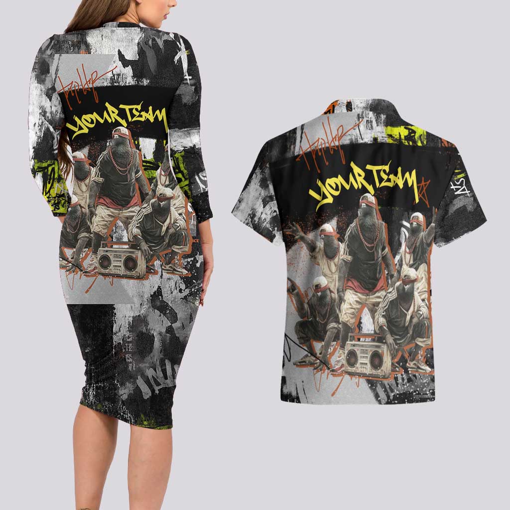 Boombox Breakdancer Couples Matching Long Sleeve Bodycon Dress and Hawaiian Shirt with Grafiti Art and Grunge Street Hip Hop Style - Wonder Print Shop