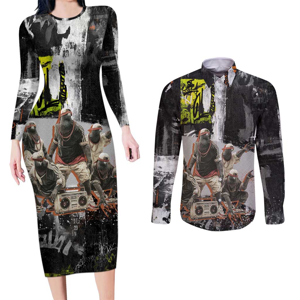 Boombox Breakdancer Couples Matching Long Sleeve Bodycon Dress and Long Sleeve Button Shirt with Grafiti Art and Grunge Street Hip Hop Style - Wonder Print Shop