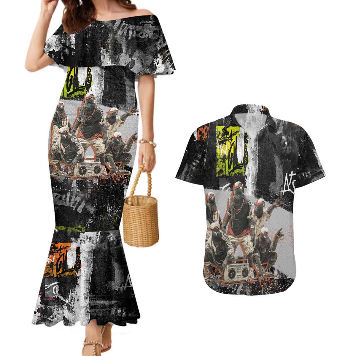 Boombox Breakdancer Couples Matching Mermaid Dress and Hawaiian Shirt with Grafiti Art and Grunge Street Hip Hop Style - Wonder Print Shop
