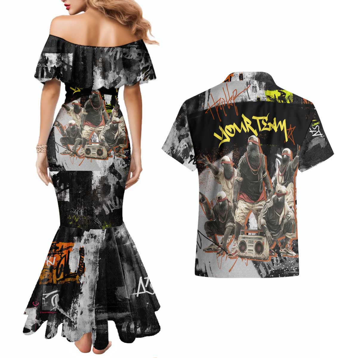 Boombox Breakdancer Couples Matching Mermaid Dress and Hawaiian Shirt with Grafiti Art and Grunge Street Hip Hop Style - Wonder Print Shop