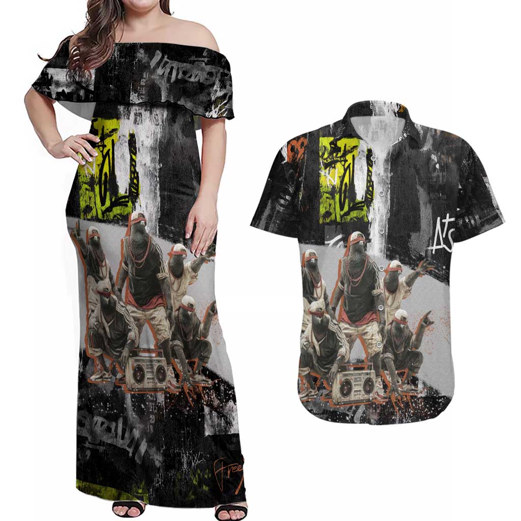 Boombox Breakdancer Couples Matching Off Shoulder Maxi Dress and Hawaiian Shirt with Grafiti Art and Grunge Street Hip Hop Style - Wonder Print Shop