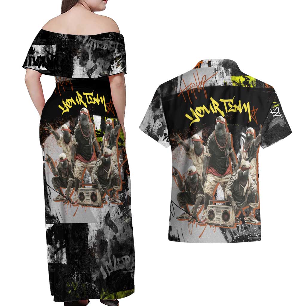 Boombox Breakdancer Couples Matching Off Shoulder Maxi Dress and Hawaiian Shirt with Grafiti Art and Grunge Street Hip Hop Style - Wonder Print Shop